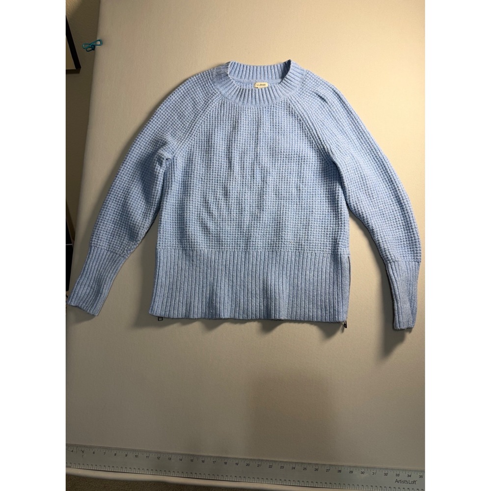 LL Bean Light Blue Waffle Knit Side Zip Crew Neck Sweater Medium 524373